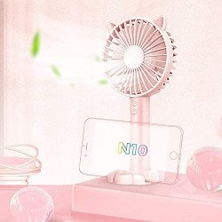 Cat Ear Portable USB Rechargeable Handheld 3 Speed Strong Wind Electric Small Mini Cooling Fan with Cell Phone Holder and Light (Pink)